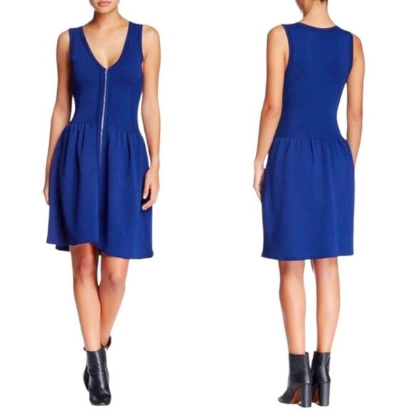 Sandro Paris Savage Blue Sleeveless Knit Stretch Fit & Flare Zip-Front Dress 1 - Picture 1 of 12